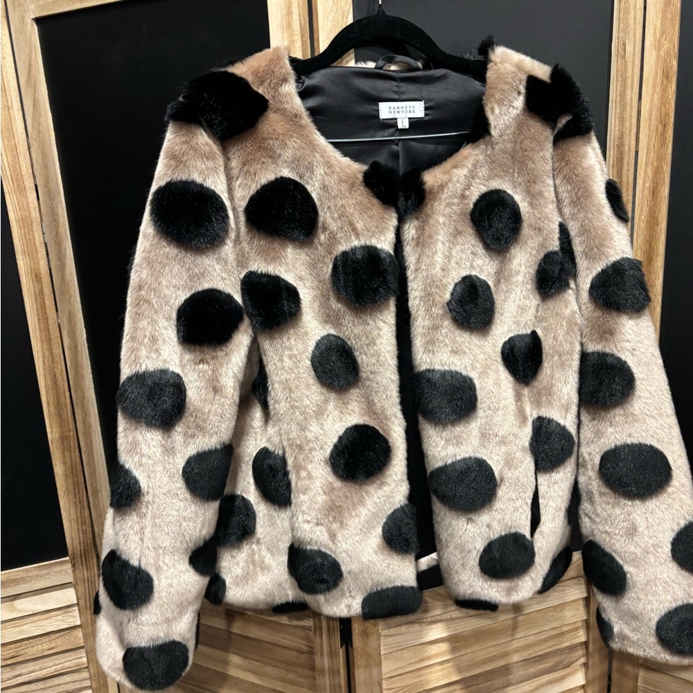 Barneys New York Black and Tan Spotted faux fur jacket.
